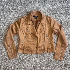 Forever 21  Tan Faux Suede Moto Jacket Women’s Size Small Zip Up Biker